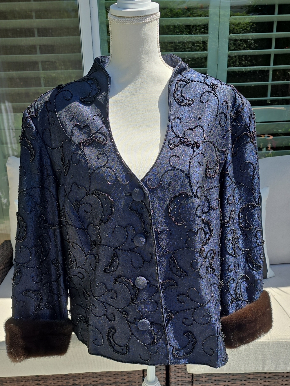 Victoria Royal Elegant Navy Embroidered Evening Jacket with Fur Cuffs